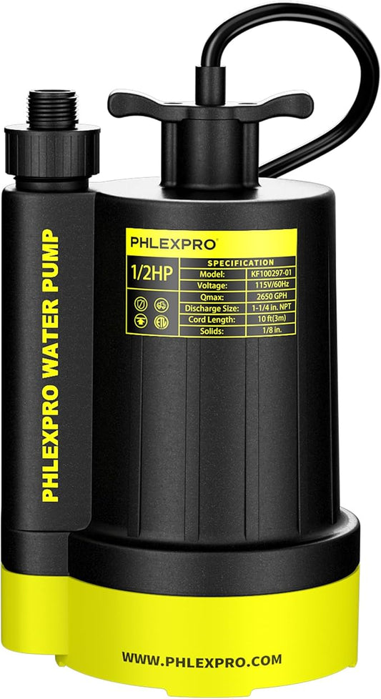1/2HP Automatic Submersible Water Pump,110V Sump Pump Submersible with 2650 GPH Water Removal, 3/4” Garden Hose Check Valve Adapter for Swimming Pool Cover Hot Tubs Flooded House Basement