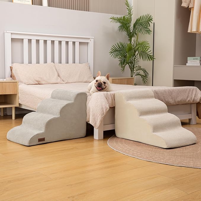 Aodisman Dog Stairs Ramp for Bed and Couch,4 Step Dog Steps for Small Dogs,Pet Stairs with Non-Slip Bottom for Old Cats,Indoor Pet Steps,Comfort,Durable,17.4" H,Beige