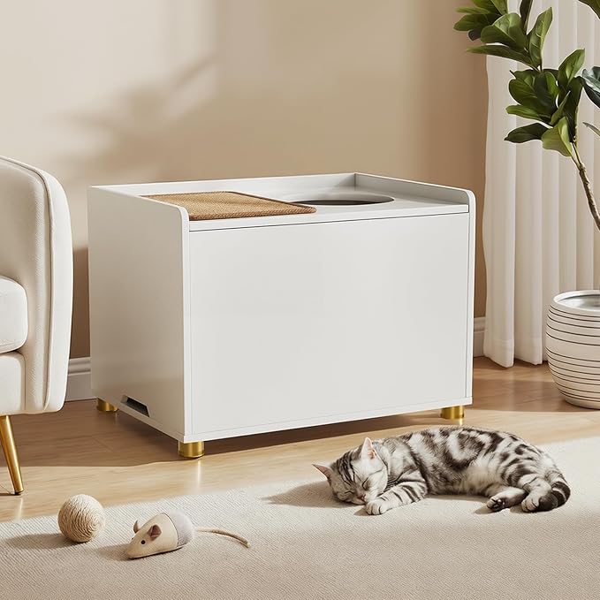 Amunrbrek Top Entry Litter Box Enclosure, Flip Top Cat Litter Box Furniture with Scratch Mat, Stylish Hidden Cat Washroom for Large Cats (White)