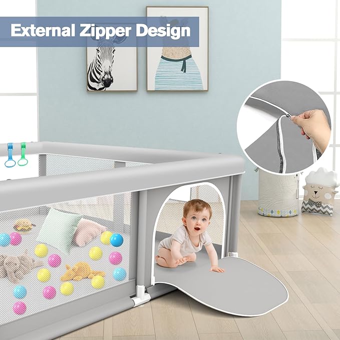 Baby Playpen with Balls and Pull Rings for Babies and Toddlers 50 x 50 inch, Play Yards Indoor, Sturdy Safety Play Pen with Soft Breathable Mesh, Baby Fence