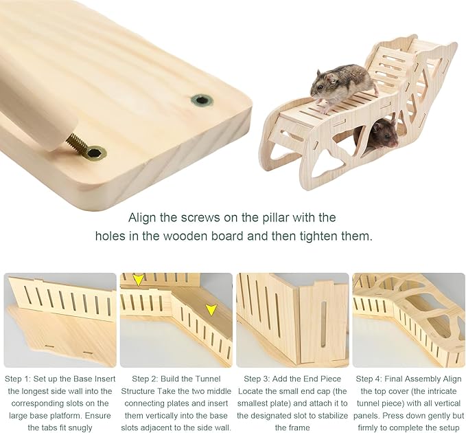 3-Piece Wooden Hamster Platform Set, Versatile Hideout & Exploration Tunnel with Ladder, Cage Decor for Syrian Dwarf Hamsters, Gerbils, Mice
