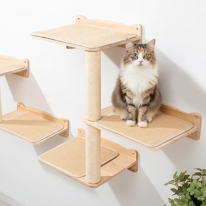 Cat Wall Shelves, 3-Tier Cat Shelves with Sisal Scratching Post, Sisal Mat Solid Pine Wood Wall Mounted Cat Climbing Furniture, Modular Design