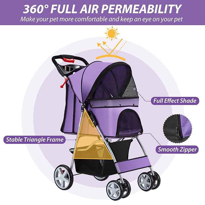 Unisakey 4 Wheels Pet Stroller for Small Medium Dogs Cats 10-33 lbs, Foldable Dog and Cat Stroller with Cup Holder & Storage Basket & Breathable Mesh, Pet Strolling Cart for All-Season, Purple
