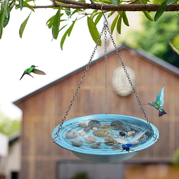 Hanging Bird Bath for Outdoors,11.4 inch Birdbath Bowl Window Birds Feeders with 13.5 in Rust-Proof Black Chains Metal Hanging Birds Feeder for Garden Backyard Decor Vintage Blue