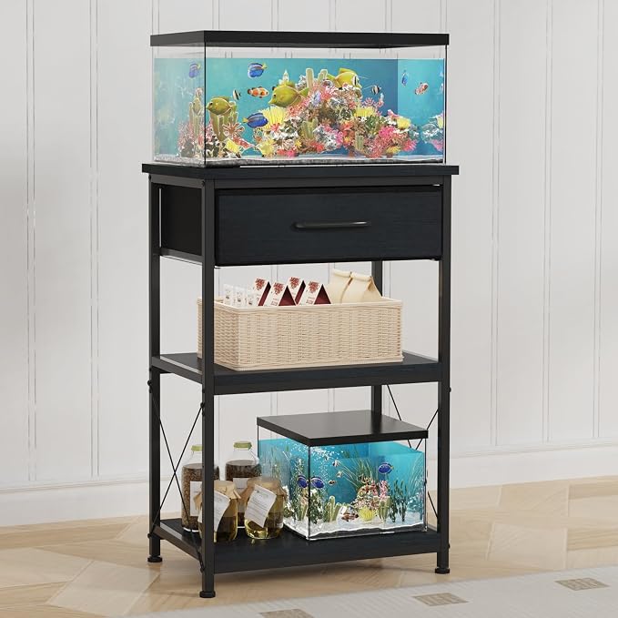 5-10 Gallon Fish Tank Stand with Adjustable Height and Drawer, Black | Heavy duty metal frame holds up to 220 pounds with a lower shelf for a second aquarium, turtle tank or reptile terrarium