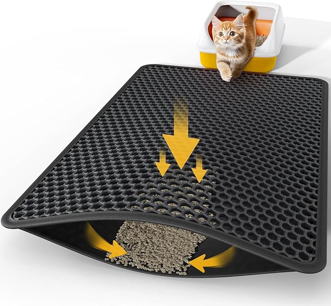 Powools 35" x 30" Cat Litter Mat - Ultra-Large Litter Box Mat with Double Layers, Urine-Proof and Non-Slip Litter Trapping Mat, Easy to Clean Kitty Litter Mats for Floor, Scatter Control, Black