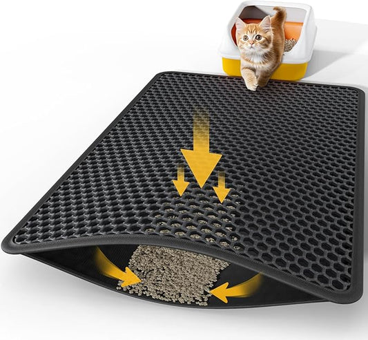 Powools 35" x 30" Cat Litter Mat - Ultra-Large Litter Box Mat with Double Layers, Urine-Proof and Non-Slip Litter Trapping Mat, Easy to Clean Kitty Litter Mats for Floor, Scatter Control, Black