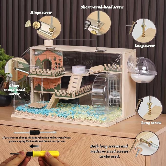 11 in 1 Wooden Hamster Cage with All Accessories, 19.3" 3-Layer Dwarf Hamster Cage Acrylic,Small Animal Cages, Pastoral Style Mouse Cage for Mice, Hedgehog and Small Pets, with Stairs, Fences, Swing