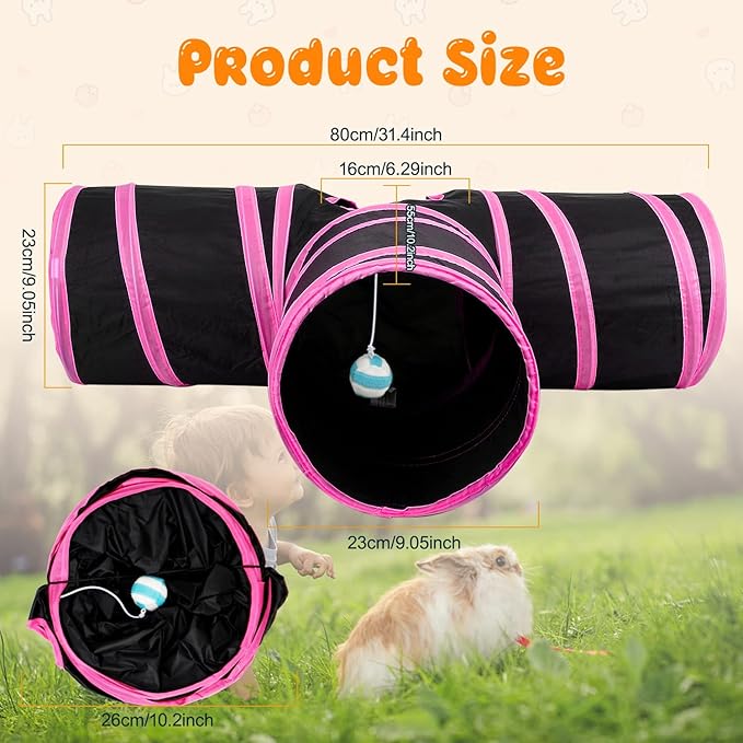 BWOGUE Bunny Tunnels & Tubes Collapsible 3 Way Bunnys Hideout Small Animal Activity Tunnel Toys for Dwarf Rabbits Guinea Pigs Kitty