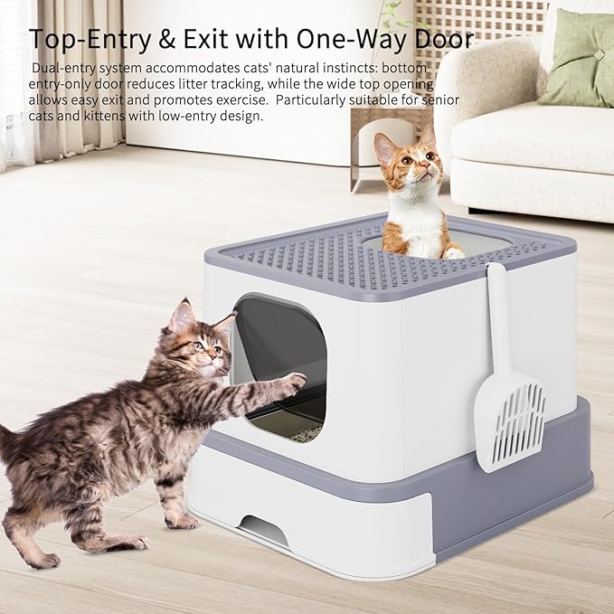RIZZARI Stainless Steel Cat Box: Large Gray Enclosed Design Litter Pan - High-Edged & Teflon Coating - for Superior Odor Control & Easy-Clean Drawer - Ideal for Multi-Cat Homes Garage