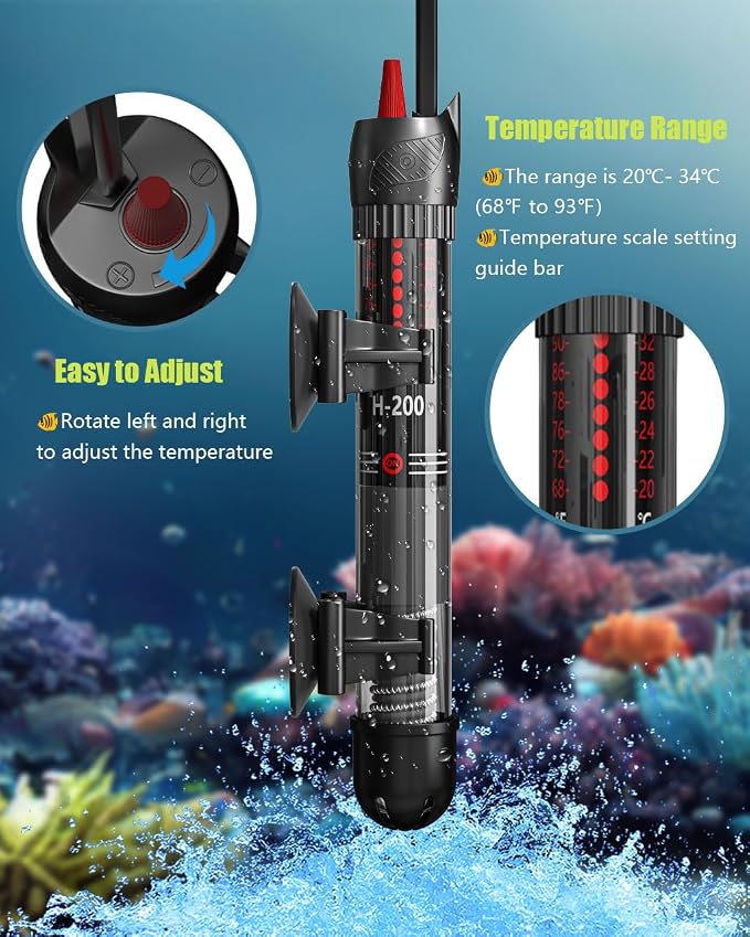 KINGYEENUO Aquarium Heater 50W, 20 Gallons Tank Submersible Aquarium Heater, Temperature Adjustable, Betta Turtle/Fish Tank Heater, Built-in Thermostat Control, with Extra Sucker Cup