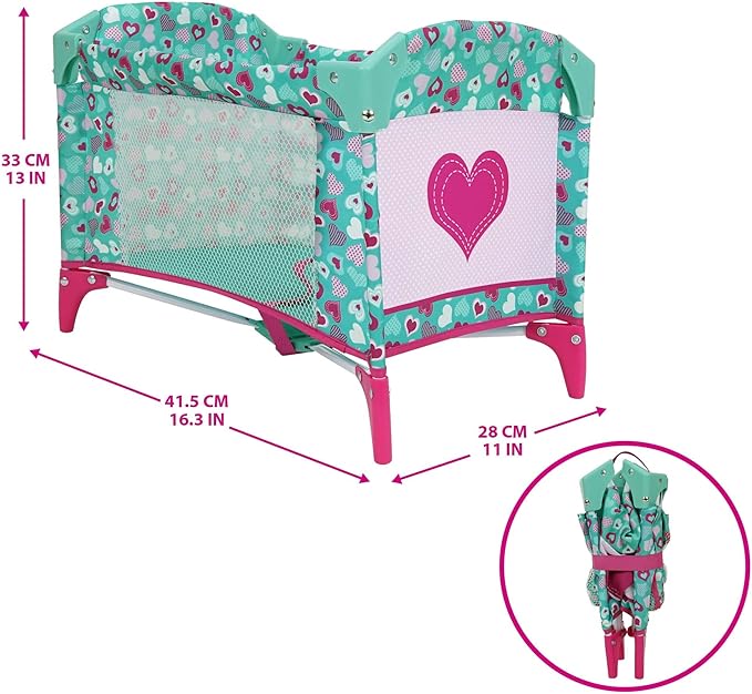 509 Crew: Mint Heart - Dream n' Fun Doll Play Yard - Pink & Green, Portable Sleep Crib, Storage Pockets, Toys-Dolls-Stuffed Animals Accessory, Kids 3+