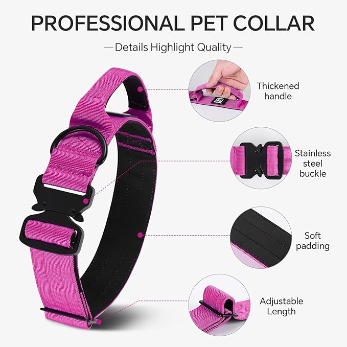 Tactical Thick Dog Collar, Adjustable Training Nylon Dog Collar, Heavy Duty Metal Buckle & Control Handle for Small Medium Large Dogs (M, Hotpink)