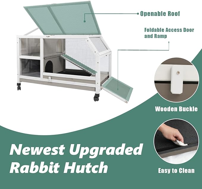 Gowoodhut Indoor Rabbit Hutch - 36''L Outdoor Wooden Bunny Hutch with Wheels Rabbit Cage Guinea Pig Cages Removable Pull Out Tray, Ramp, Hideout, Small Animals Pet House Hamster Ferret for Bunny Cage