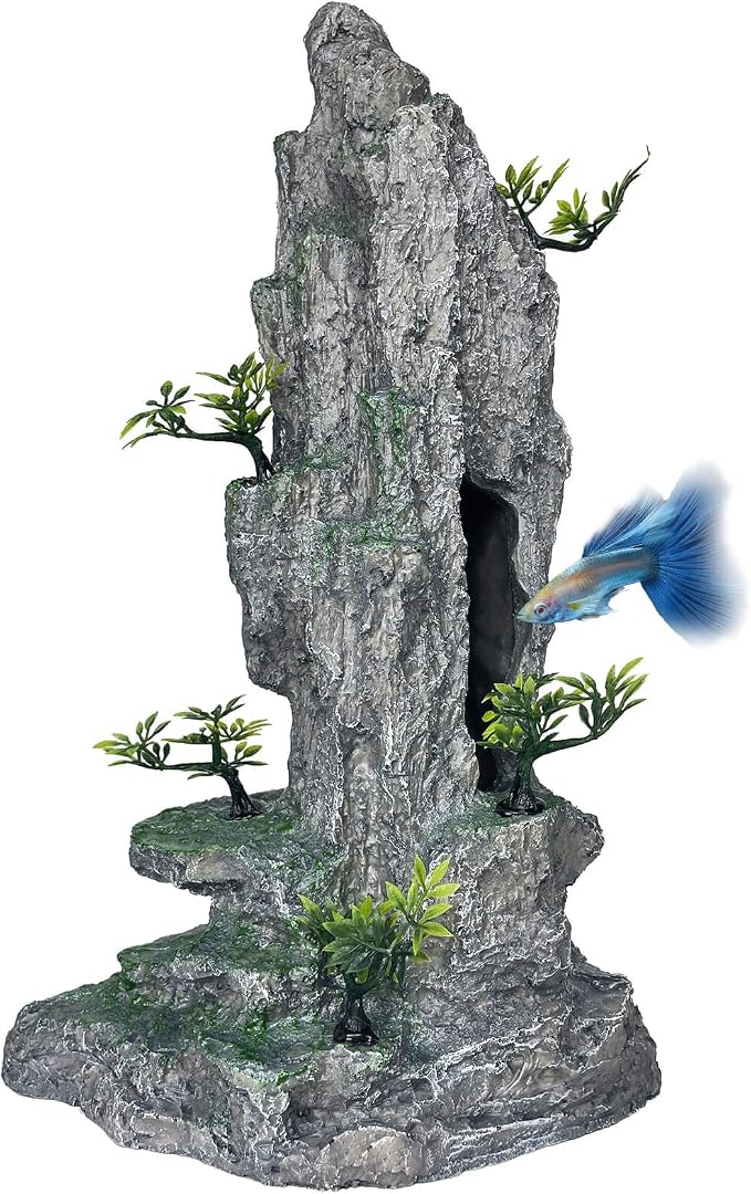 Aquarium Decor - Tall and Large Mountain Rock Ornament for Fish Tank, Aquarium Hideout with Rock Texture for Betta, Guppy, Shrimp - Safe Aquatic Decoration, Fish Hiding House（Grey）