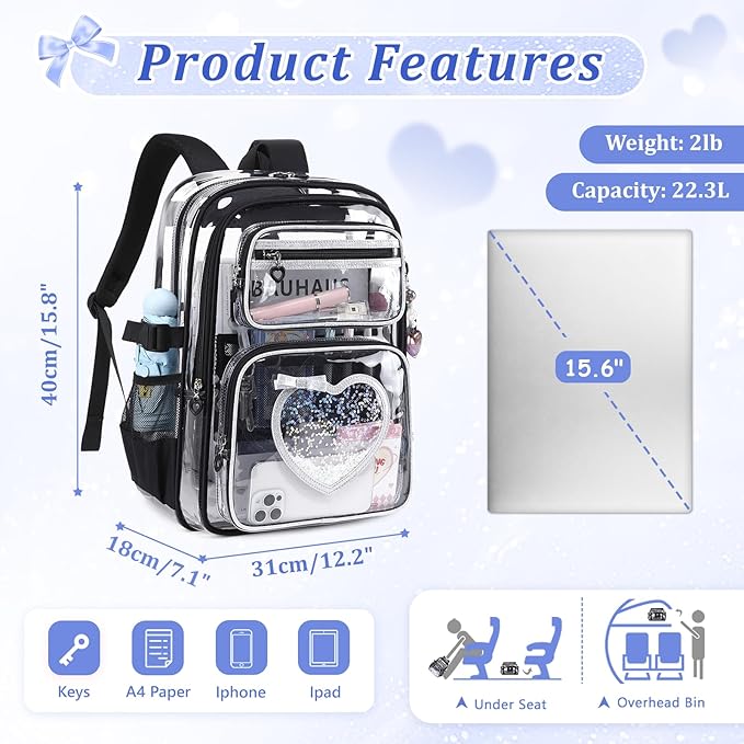 Clear Backpack for School Girls, Cute Heavy Duty PVC Transparent Bookbag, See-Through Bag for Stadium Event Black