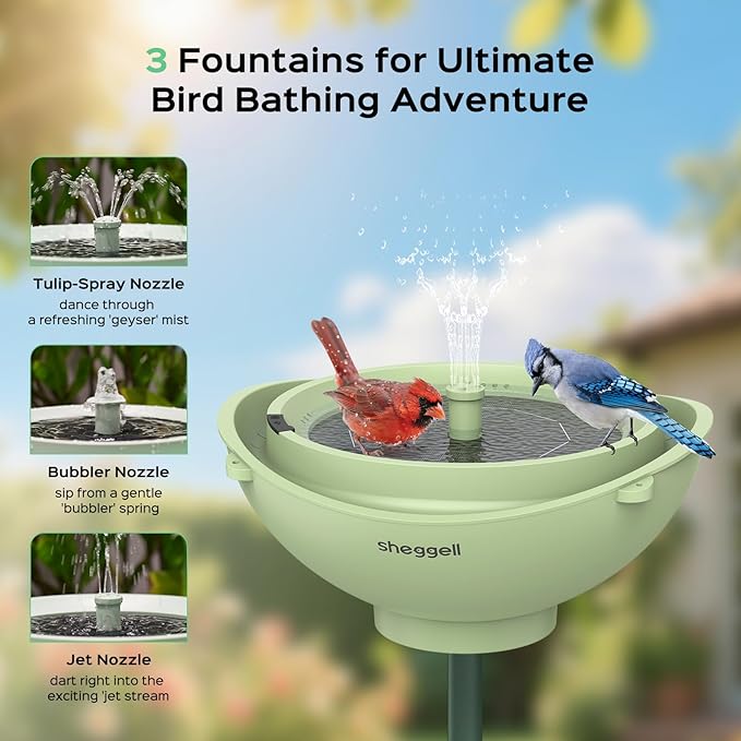 Sheggell Smart Bird Bath, 2L Large Capacity with Water Circulating Filtration, Solar Bird Bath with 3 Fountain Modes, Hanging & Freestanding Design, IPX6 Waterproof, Birdbath for Yard（Light Green）