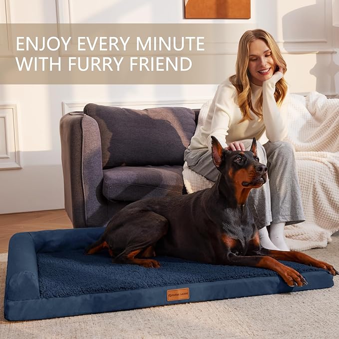 Patas Lague Orthopedic Jumbo Dog Bed for Extra Large Dogs 56''X40'', Waterproof L Bolster Pet Sofa Beds with Removable Washable Cover, Soft Comfortable Pet Couch Crate Mat with Nonskid Bottom, Navy