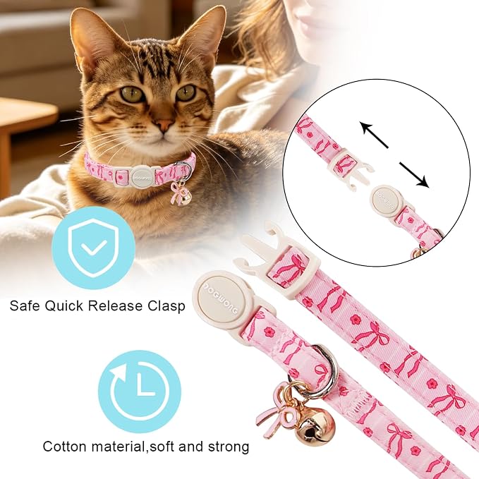 2 Pack Pink Cat Collars - Spring Summer Pink Bow Breakaway Cat Collar with Bell, Adjustable Cute Pink Plaid Kitten Collars for Girl Cats, 7-12 Inch