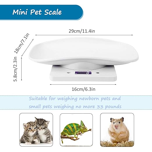 Newborn Kitten & Puppy Weight Scale, Multifunctional Digital Pet Scale, LCD Electronic Small Animal Food Scale, Weighing Max 33lbs, Tray Size 12" x 8", Not for Adult Cats/Dogs (White)