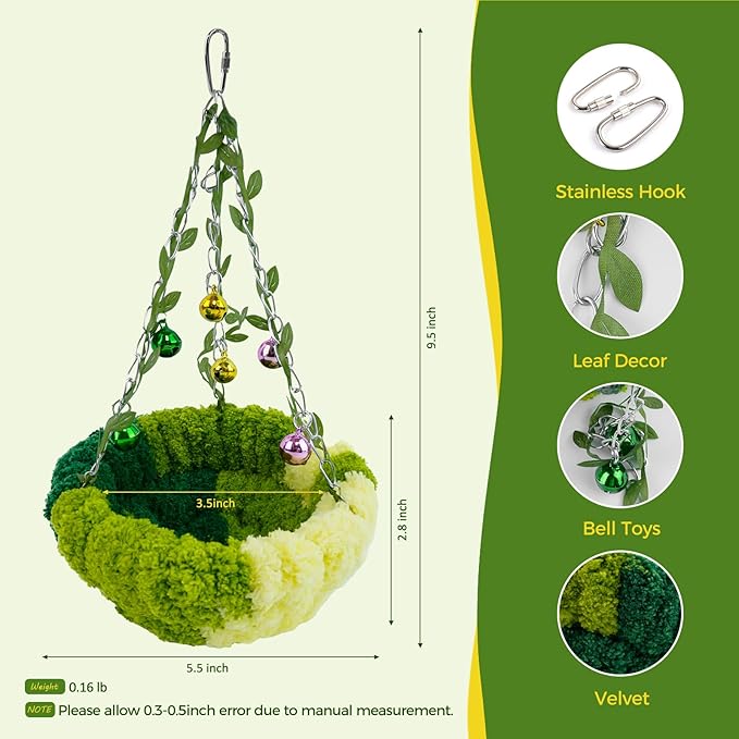 Admaison Bird Nest with Bell for Cage,Plush Hanging Bird Bed for Parakeet Indoor & Outdoor,Breeding Bird House for Conure,Budgie,Cockatiel,Lovebird,Canary,Finch,Hamster,Small Pets,Warm Nest,Green S
