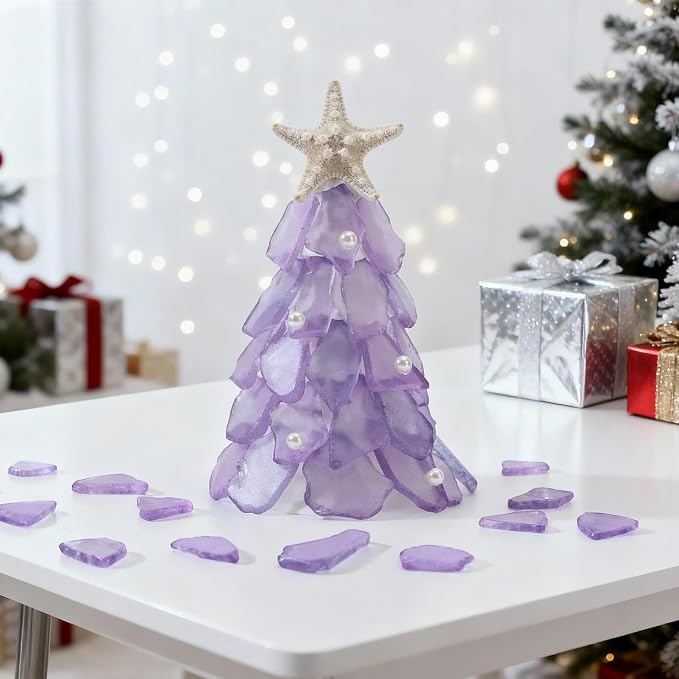 SUREAM Sea Glass Christmas Tree, Crushed Glass for Crafts, Seaglass Beads for Vase Decor Filler, Beach Wedding Decor, Aquarium Ornament（Purple）