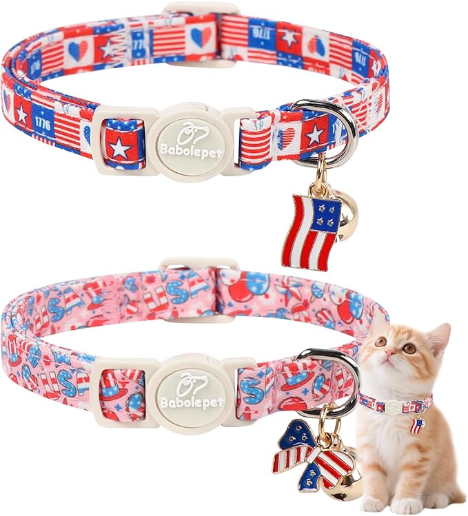 2 Pack 4th of July Cat Collars - Blue Retro Checkerboard Flag 1776 & Pink Patriotic Breakaway Cat Collars, Adjustable Soft Boy Girl Kitten Collar for Small Dogs Puppy with Bell & Pendant