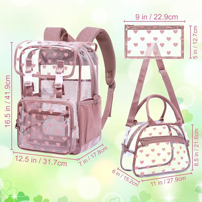 17" Love Heart Clear Backpack for Girls - 3Pcs Flip Design Stadium Approved Set, Campus/School Transparent Bookbag (Pink)