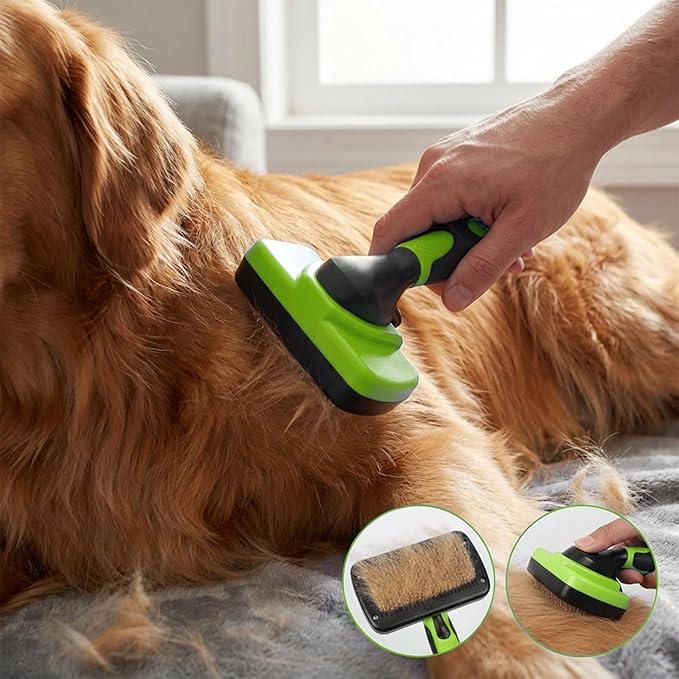 PETIMP STORE 4PCS Self Cleaning Slicker Brush, Pet Grooming Rake, Bath Brush & Massage Brush for Short/Long Haired Dogs, Cats & Horses, Pet Grooming Deshedding Tools - Pet Supplies (Green Black)
