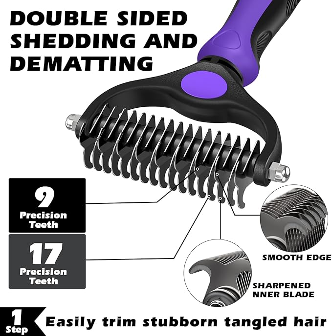 3PCS Self Cleaning Slicker Brush & Pet Grooming Rake & Flea Comb for Dogs,Cats and Horses | Double-Sided Dematting Comb & Skin Friendly Deshedding Grooming Tool | Premium Pet Supplies (Purple)