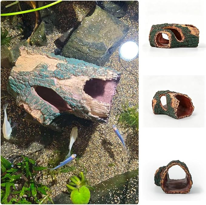 Shrimp & Fish Aquarium Decor, Hollow Tree Trunk for Fish Tank Decor, Artificial Wood Aquarium Caves and Hideouts, Betta Fish Tank Accessories