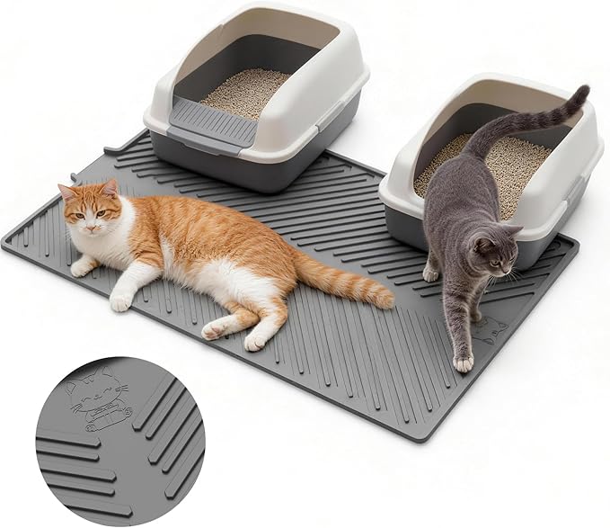 Cat Litter Mat, Large 34" x 22" Litter Trapping Mat, Silicone Litter Mat for Litter Box, Waterproof Foldable & Easy Clean, Scatter Control, Soft on Paws, Gray