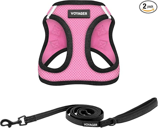 Best Pet Supplies Voyager Step-in Air All Weather Mesh Harness and Reflective Dog 5ft Leash Combo with Neoprene Handle, for Small, Medium and Large Breed Puppies - Pink/Black Trim, XX-Small