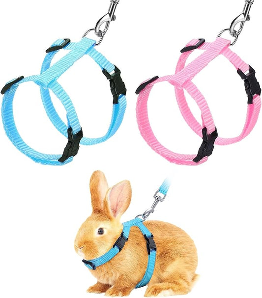 Rabbit Harness and Leash, Escape Proof Bunny Cat Leash Small Animal Harness Soft Adjustable Buckle(2Pcs, Pink/Sky Blue) for Bunny Kitten Cats Puppies Walking Hiking Training