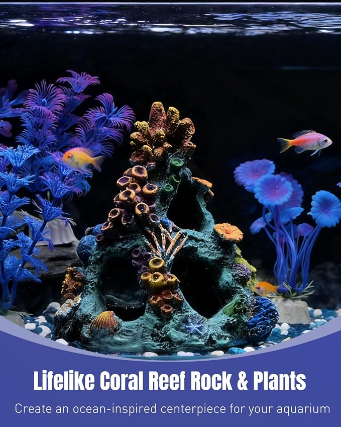 Uniclife Aquarium Decor, Fish Tank Decorations, Realistic Resin Coral Reef Rock Ornament & Plants Set for Fish Tank Decor, Colorful Aquarium Cave Decorations for Freshwater & Saltwater Tanks
