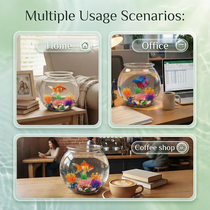 1 Gallon Clear Plastic Fish Bowl Set with 5 Artificial Plants and Stones | Smooth Surfaces Wipe Clean Easily, Rounded Shape Improves Viewing for Simple Home or Desktop Displays