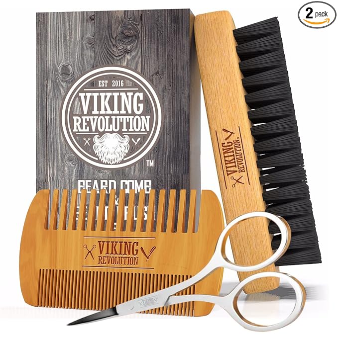 Viking Revolution Beard Comb & Beard Brush Set for Men -- Natural Boar Bristle Brush and Dual Action Pear Wood Comb w/Velvet Travel Pouch - Great for Grooming Beards and Mustaches