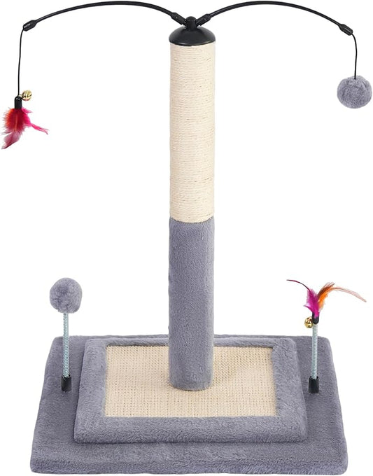 YUNIQUE Cat Scratching Post with Sisal Rope, Small Cat Tree with Dangling Balls & Feather for Kittens(Grey, 22.8'')