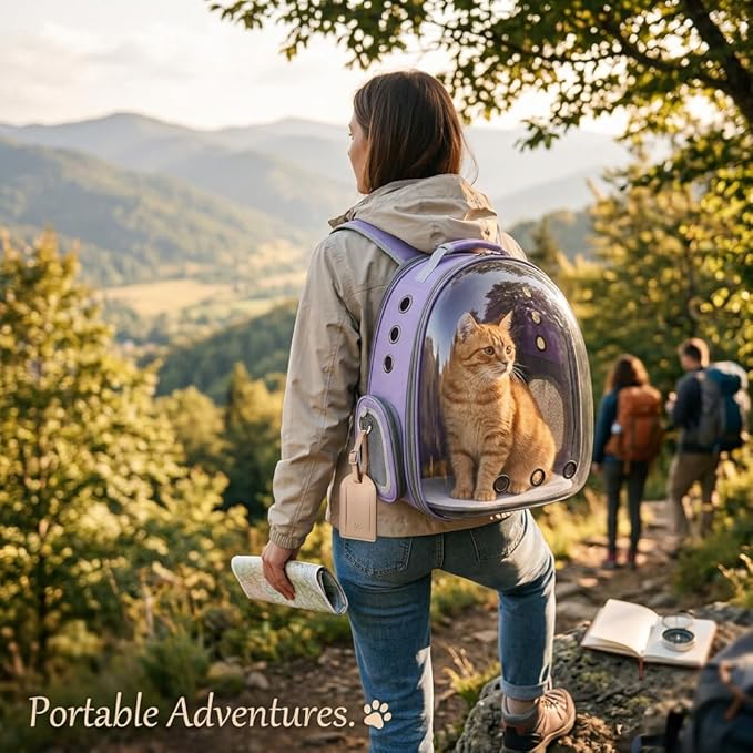 Expandable Cat Backpack Carrier, Breathable Clear Bubble Window Pet Carrier for Small Dogs and Cats up to 12 lbs, Airline Approved Travel Bag for Hiking and Outdoor Use (Back Expandable-Purple)