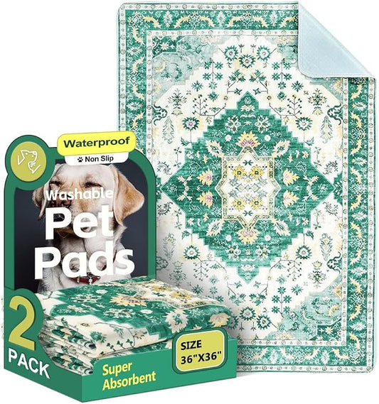 Washable Pee Pads for Dogs, 2 Pack Reusable Puppy Training Pads 36"x36" Super Absorbent Waterproof Dog Training Pads, Non-Slip Potty Pads, Whelping Pads Litter Mat Green Medallion