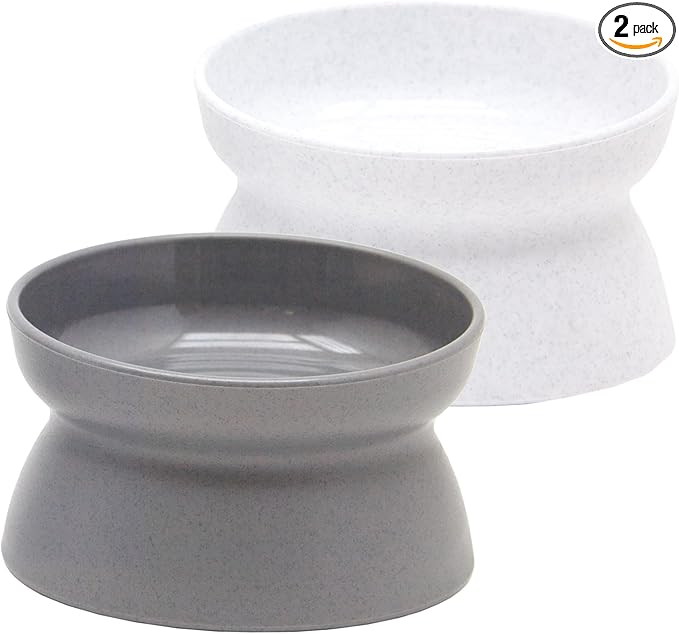 Kitty City Elevated Cat Bowls (Set of 2), Whisker-Friendly Raised Cat Food & Water Dishes, Modern Pedestal Design, Dishwasher Safe, 10.8 oz Each – White & Gray