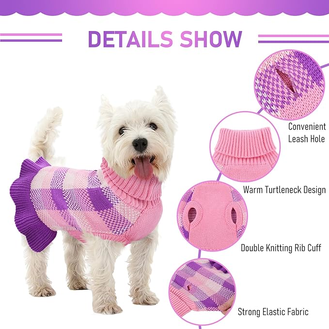 Dog Sweater Dress Plaid Knitwear for Small Medium Dogs Warm Puppy Pet Turtleneck Stretch Pullover Cute Fall Winter Vest Clothes with Leash Hole for Christmas (Purple, XS)