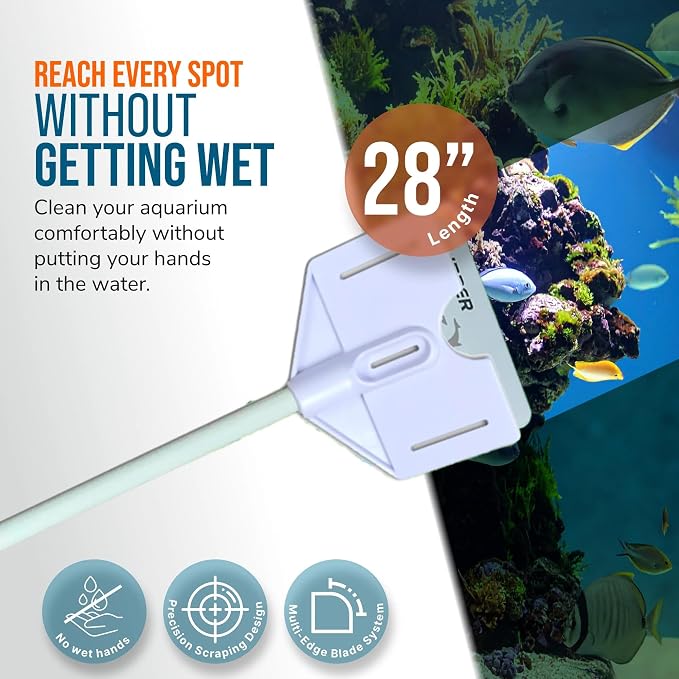 FLIPPER Platinum Hand Algae Scraper – Aquarium Glass and Acrylic Cleaner with Precision Scraper Design, Fish Tank Cleaning Tool for Freshwater & Saltwater Aquariums (28” Rigid Shaft)
