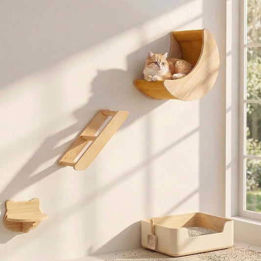 Cat Wall Shelves Set – Solid Wood Cat Wall Furniture with Moon Bed & Ladder, Wall Mounted Climbing Shelves for Indoor Cats, Space Saving Cat Gym Wall System (3pcs/Set)