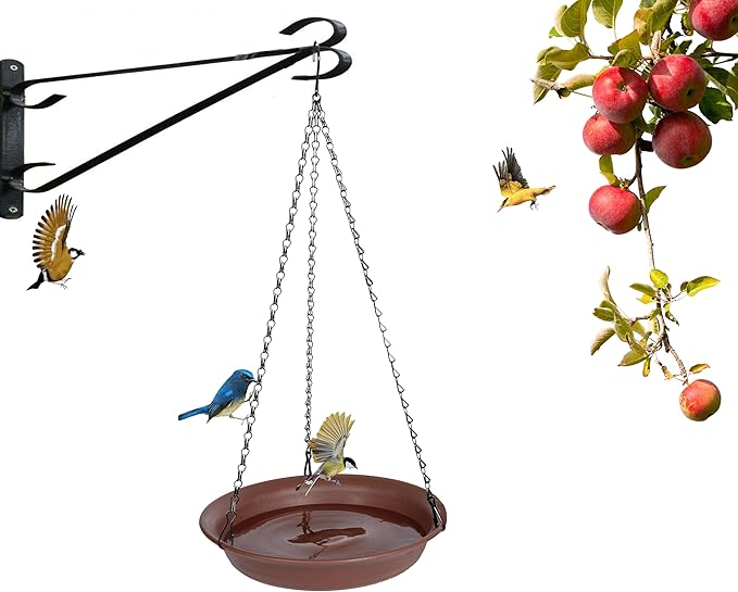 VUWEZ Hanging Bird Bath, Hanging Bird Water Feeder for Outdoors, Feeder Bowl, 1 Pack Birdbath Tray Accessories for Outside, Plastic Birdbaths Tray for Garden Patio Decoration (12", Chocolate)