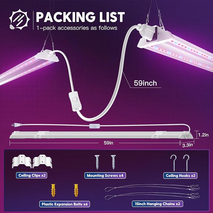 FREELICHT 1Pack 4FT Grow Light for Indoor Plants, 60W=350W, Red Blue | Linkable LED Grow Light, Sunlike Plant Lights for Hydroponic Seed Starting Veg & Indoor Gardeners, Plug in with On/Off Switch