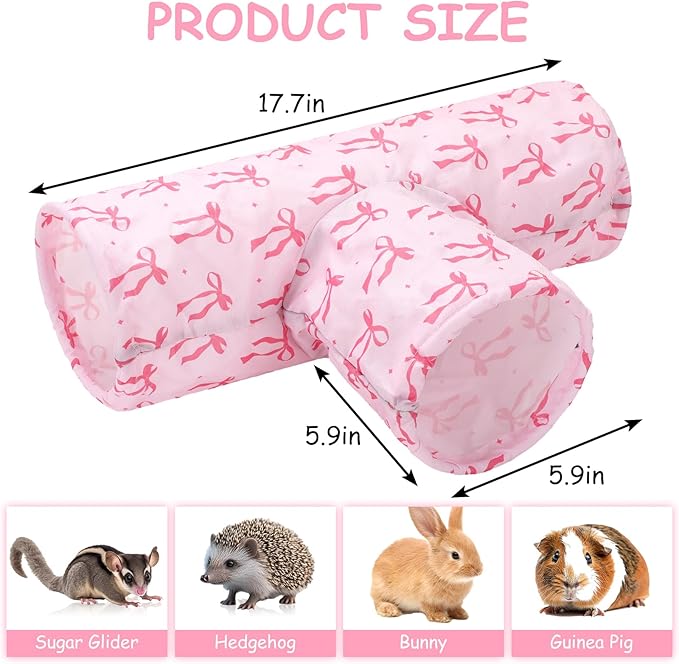 JarThenaAMCS Guinea Pig Tunnel 3 Way Washable Guinea Pig Hideout Pink Bow Foldable Rabbit Tunnel Small Animal Toy for Bunny Hamster Chinchilla Ferret Accessory