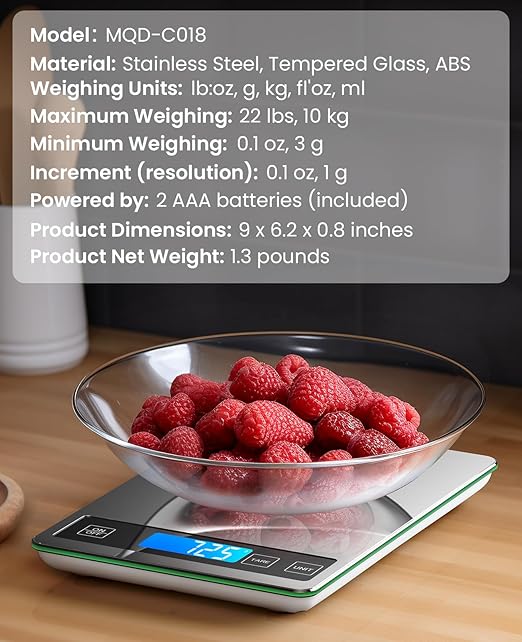Nicewell Food Scale, 22lb Digital Kitchen Stainless Steel Scale Weight Grams and oz for Cooking Baking, 1g/0.1oz Precise Graduation,Tempered Glass