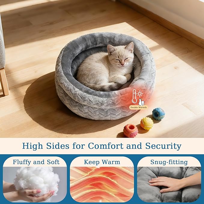 Dual-Layer Donut Cat Bed - Fluffy Round Bed for Small Pets - Ultra-Soft Cat Donut Bed for Cozy Sleep (Grey, 12 * 12 * 3.9 inch / 30 * 30 * 10 cm)