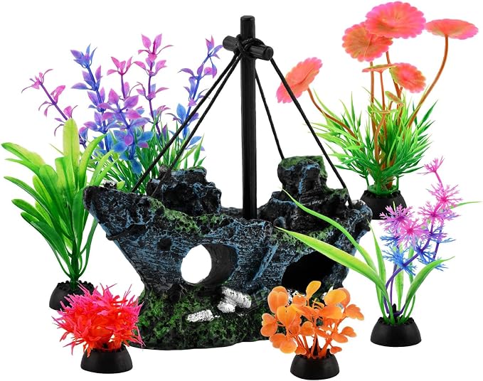 7pcs Fish Tank Decorations,Sunken Ship,Aquarium Artificial Plastic Plants | Aquarium Shipwreck x 1pc, Aquatic Plants x 6pcs,Goldfish Betta Fish Tank Accessories Small Large Fish Bowl Ornaments